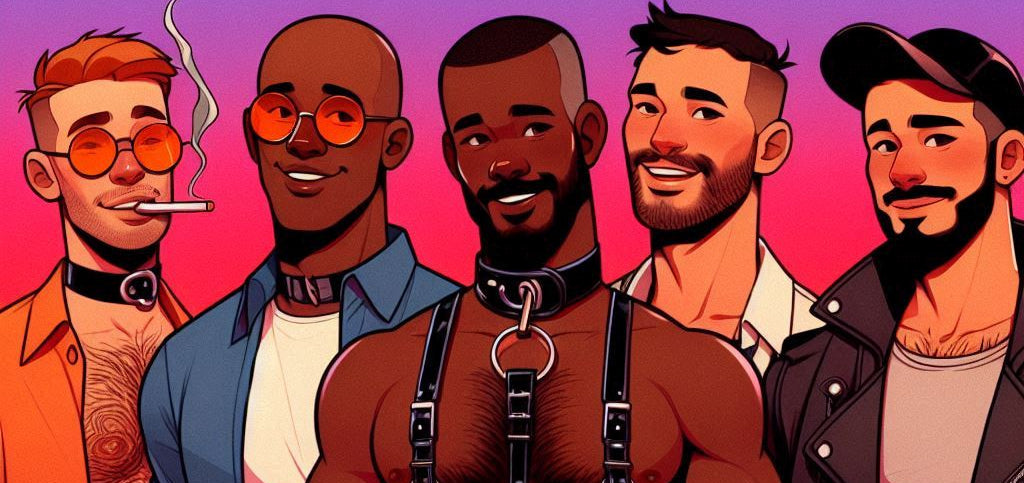 Illustration of five men in various outfits with a pink and purple gradient background