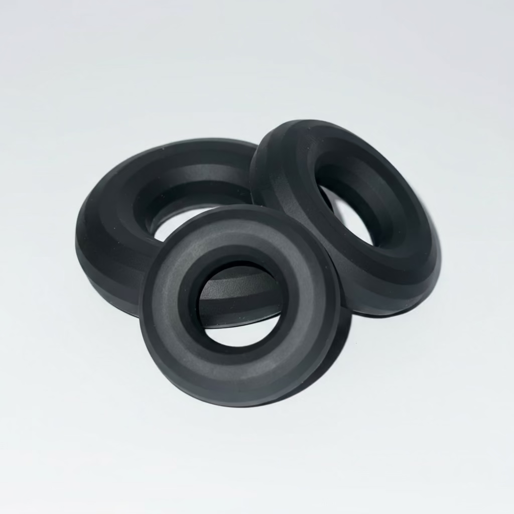 Three black silicone penis rings on a light gray background