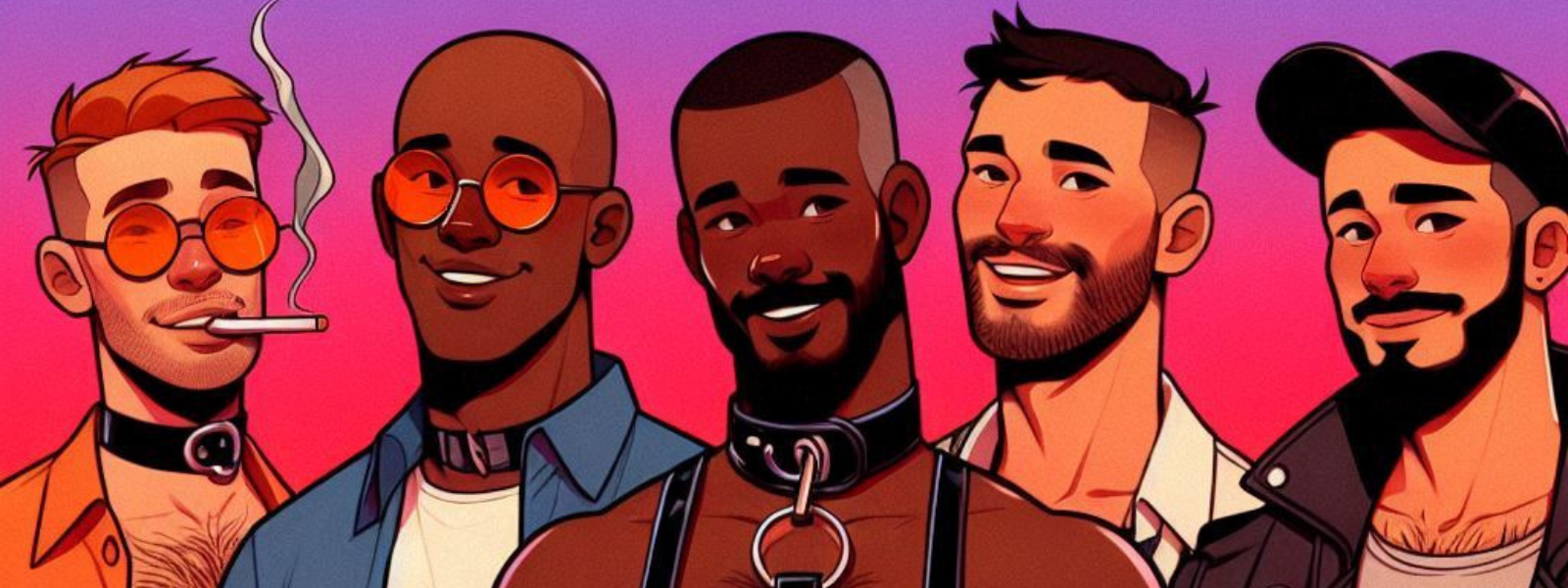 Five men with different hairstyles and clothing on a pink and purple gradient background