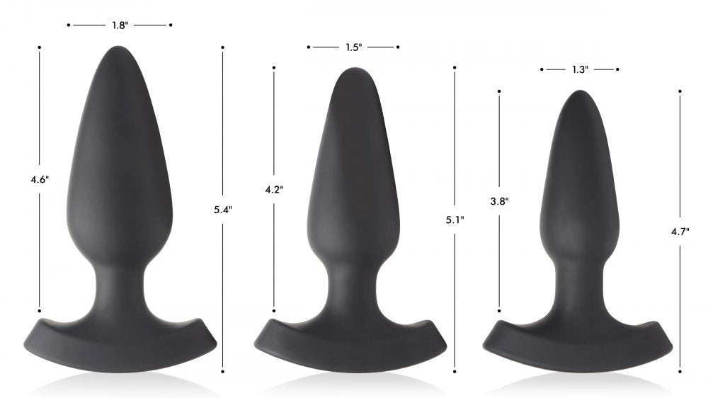 Three black silicone butt plugs with measurements on a white background