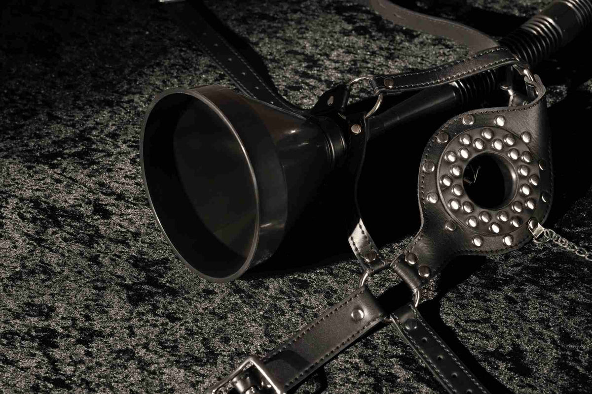 Ouch! Open Mouth Gag Head Harness with Funnel - Black Ouch!