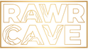Gold 'RAWR CAVE' text on a white background, Rawr Cave logo 
