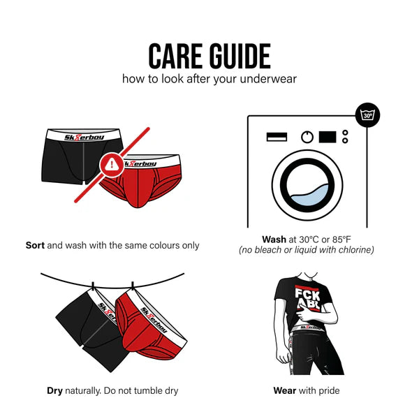 Care guide for underwear with washing instructions and laundry symbols.